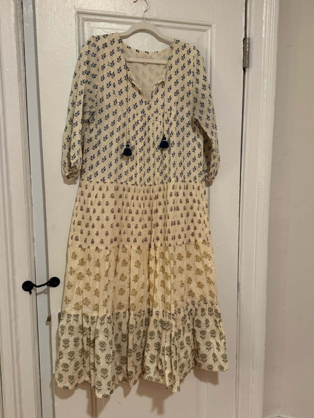 Pink Chicken Cream Maxi Dress with Blue and Gold Print